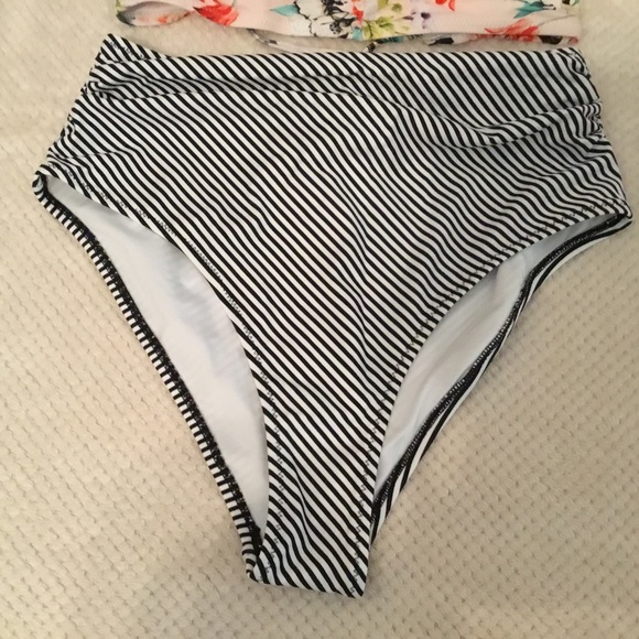 Cupshe bikini. High waisted black & white stripe bottom and pink floral top - Picture 3 of 16
